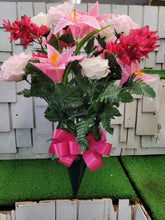 Load image into Gallery viewer, Pink tiger lily and cream rose silk cemetery flower bouquet in a cone vase