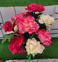 Load image into Gallery viewer, Red, pink, and cream peony silk cemetery bouquet in a cone vase