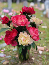 Load image into Gallery viewer, Red, pink, and cream peony silk cemetery bouquet in a cone vase