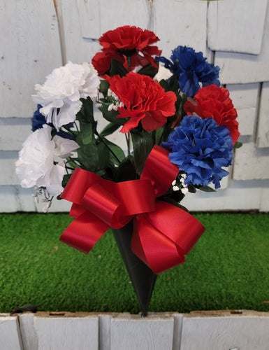 Red, white, and blue silk cemetery bouquet in a cone vase
