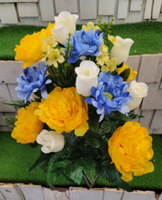 Load image into Gallery viewer, Blue, yellow and white silk cemetery bouquet in a cone vase