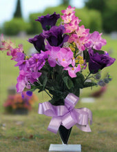 Load image into Gallery viewer, Purple lisianthus and Lavender hyacinth silk cemetery bouquet in a cone vase