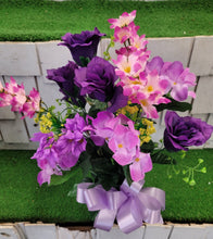 Load image into Gallery viewer, Purple lisianthus and Lavender hyacinth silk cemetery bouquet in a cone vase