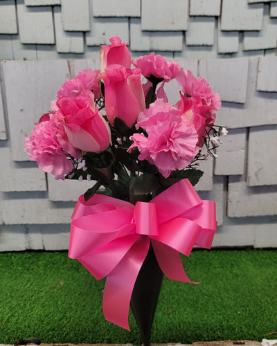 Pink rose & carnation silk cemetery bouquet in a cone vase