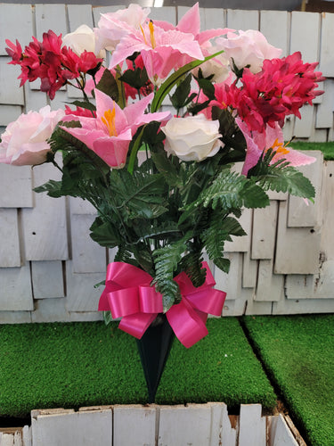 Pink tiger lily and cream rose silk cemetery flower bouquet in a cone vase