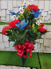 Load image into Gallery viewer, Red peony, white wildflower, and light blue lily silk cemetery bouquet in a cone vase