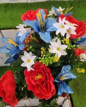 Load image into Gallery viewer, Red peony, white wildflower, and light blue lily silk cemetery bouquet in a cone vase