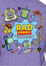 Load image into Gallery viewer, A close-up of a heather purple t-shirt showing a colorful cartoon graphic on the back. The graphic features various science-fiction and western-themed illustrations surrounding the text 'RAD STORY' in yellow and red, with the tagline 'TO INFINITY AND BEYOND FOR OUR PATIENTS'.