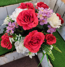 Load image into Gallery viewer, Red rose, cream rose, and purple hydrangea silk cemetery bouquet in a cone vase