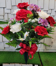 Load image into Gallery viewer, Red rose, cream rose, and purple hydrangea silk cemetery bouquet in a cone vase