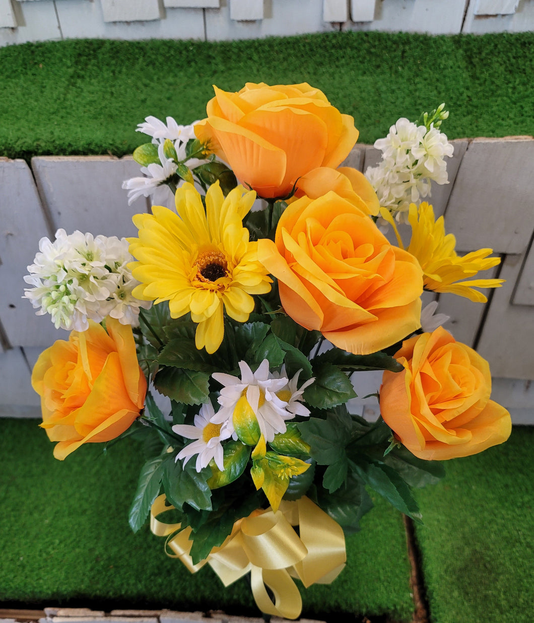 Yellow rose and sunflower silk cemetery bouquet in a cone vase