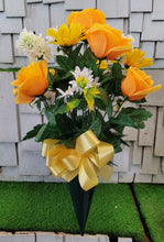 Load image into Gallery viewer, Yellow rose and sunflower silk cemetery bouquet in a cone vase