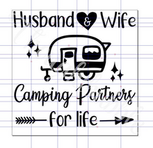 Load image into Gallery viewer, Husband Wife Camping Partners for Life Retro RV Vinyl Decal - Thought Bubble Studio