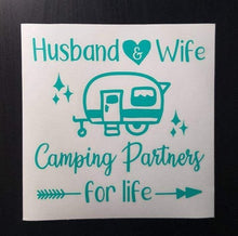 Load image into Gallery viewer, Husband Wife Camping Partners for Life Retro RV Vinyl Decal - Thought Bubble Studio